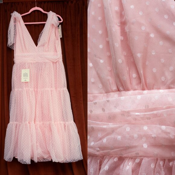JessaKae Jeanne Pink Dotted Swiss Tulle Shoulder Bows Ankle Length Dress XL NWT - Picture 4 of 10